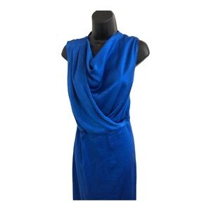 BCBG Olympic blue satin effect cowl front faux wrap sleeveless dress size medium